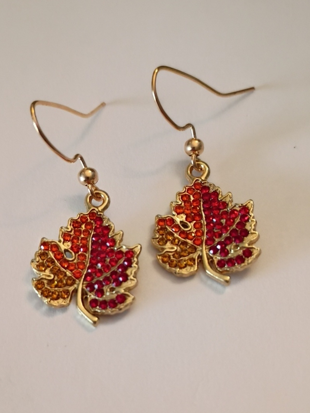 Gold Leaf Drop Earrings with Red and Orange Crystals